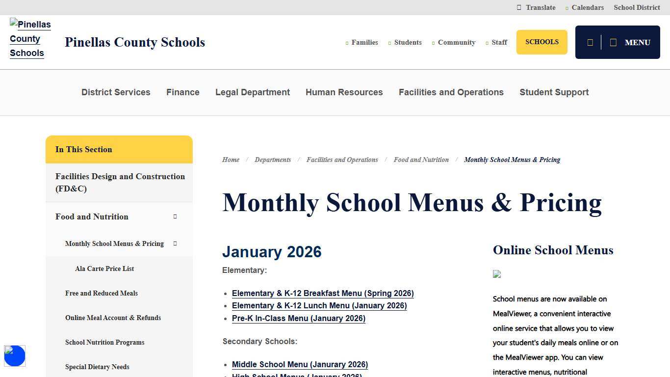 Monthly School Menus & Pricing